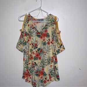 Absolutely Famous Yellow Floral Cold Shoulder Blouse Large